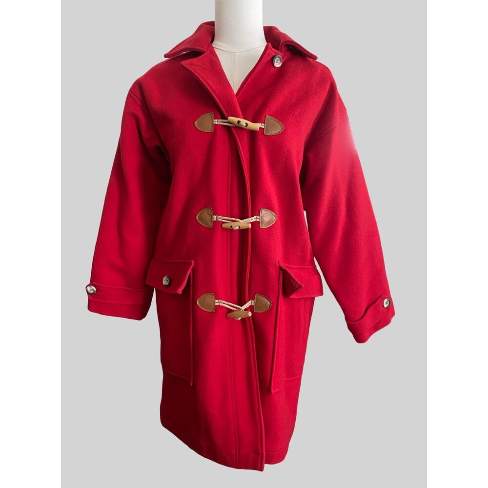 VGT Lands End Red Wool Duffle Coat Jacket S Toggle Closure Parka USA Made Preppy